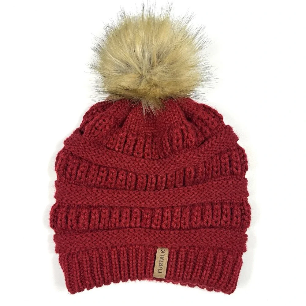FURTALK Womens Winter Knitted Beanie Hat Faux Fur Pom Red Chunky‎ Ski Snowbunny